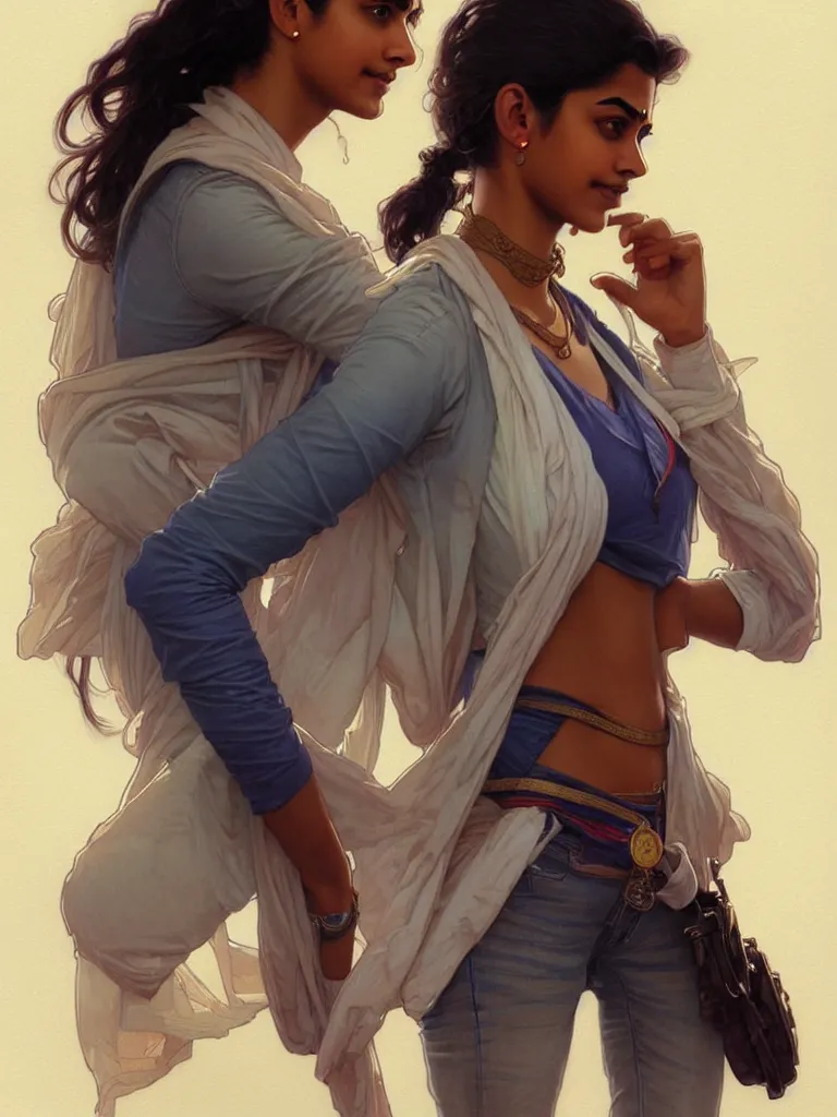 Image similar to Anxious pretty young Indian doctor wearing jeans leaving a plane, portrait, elegant, intricate, digital painting, artstation, concept art, smooth, sharp focus, illustration, art by artgerm and greg rutkowski and alphonse mucha