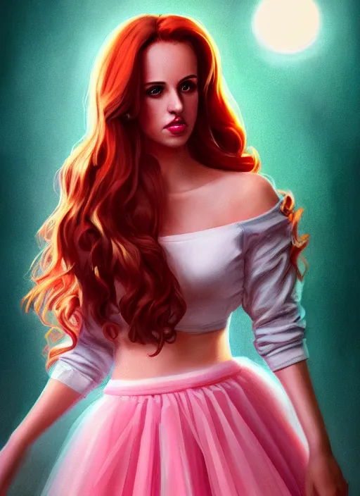 Image similar to full body portrait of teenage cheryl blossom, bangs, green eyes, sultry expression, red hair, sultry smirk, bangs and wavy hair, pink skirt, intricate, elegant, glowing lights, highly detailed, digital painting, artstation, concept art, smooth, sharp focus, illustration, art by wlop, mars ravelo and greg rutkowski