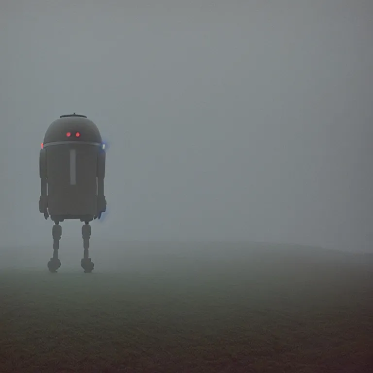 Image similar to the liminal observer droid by dennis mejillones, in a brutalist yet rural landscape by simon stalenhag, 3 5 mm film photography, dawn, eerie fog