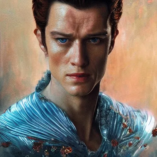 Image similar to realistic portrait charming beautiful painting from Cinderella film scene, when Cinderella become Terminator T1000. Horror, created by Raffaello Sanzi.