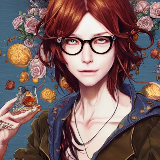 Prompt: food fantasy whiskey, female, concept art, highly detailed, makoto shinkai, glasses, kilian eng, ayami kojima, digital art