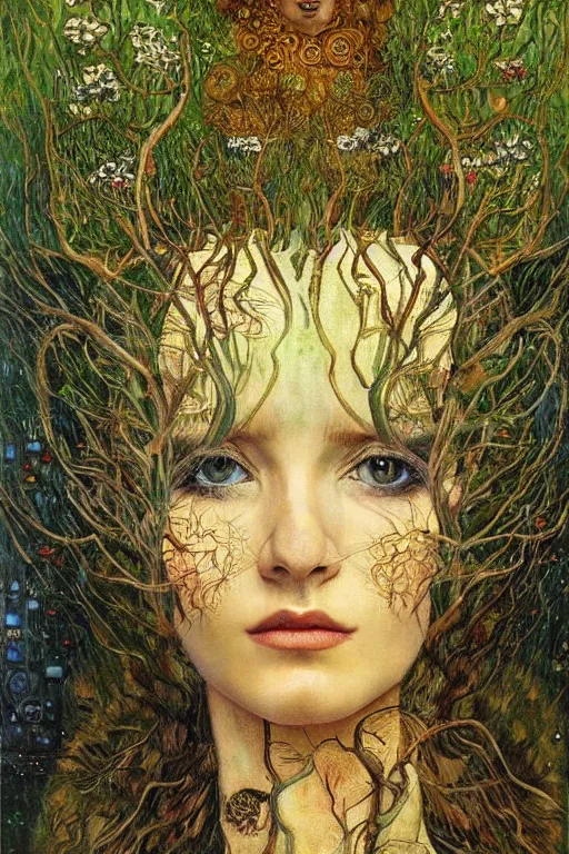 Image similar to Nature by Karol Bak, Jean Deville, Gustav Klimt, and Vincent Van Gogh, beautiful organic portrait, visionary, hair made of trees, verdant, life, botanicals, otherworldly, fractal structures, ornate gilded medieval icon, third eye, spirals