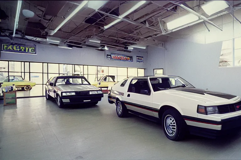 Image similar to 1985 Fox Body Mustang inside of an auto dealership, ektachrome photograph, volumetric lighting, f8 aperture, cinematic Eastman 5384 film