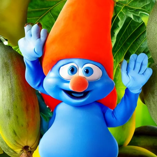 Image similar to papa smurf dressed as papaya, realistic, detailed, ripe papaya