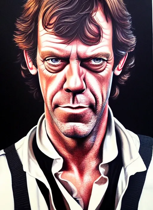 Prompt: upper body portrait of hugh laurie as han solo in star wars from 1 9 7 7, wearing han solo's clothes, wearing a black vest and a white shirt, hyperrealistic, very detailed painting by glenn fabry, by joao ruas, by artgerm