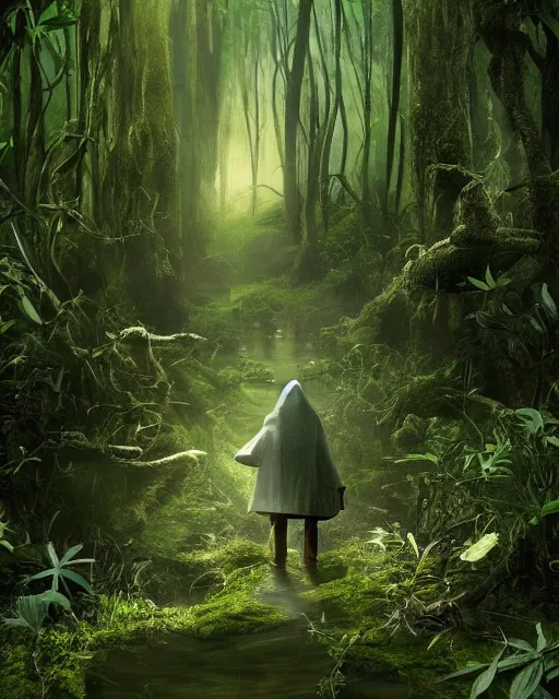 Image similar to a wise wizard walking towards an ominous swamp in a densely overgrown, eerie jungle, fantasy, stopped in time, dreamlike light incidence, ultra realistic