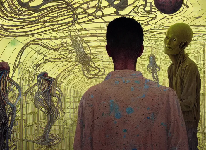 Image similar to portrait of man with alien interior bright factory building, cynical realism, painterly, yoshitaka amano, miles johnston, moebius, beautiful lighting, miles johnston, klimt, tendrils, in the style of, louise zhang, victor charreton, james jean, two figures