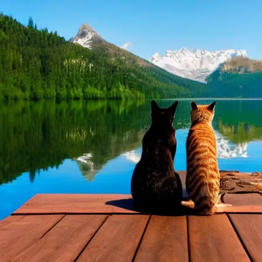 Image similar to two cats staring off into the distance on a wooden dock, in the background is a beautiful view of a crystal clear lake and a mountain range