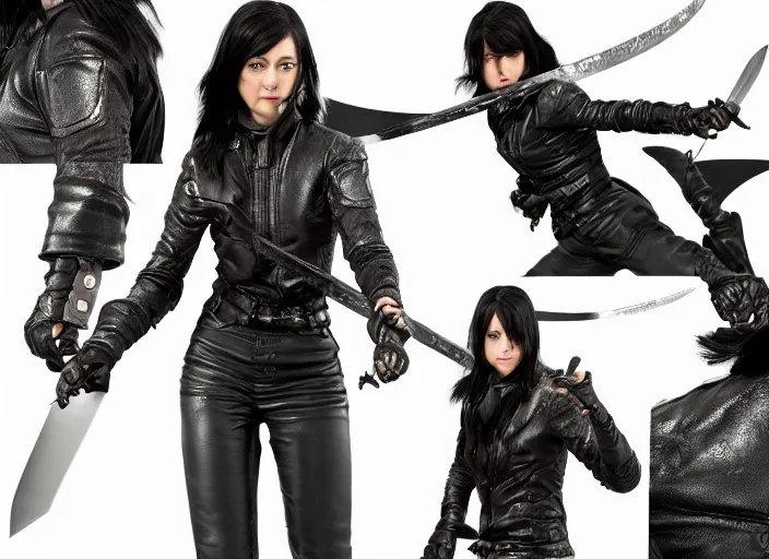 Image similar to black haired woman in a leather jacket, a sword fight, action pose, movie scene, highly detailed, intricate, face enhance, long sharp intricate sword, trending on artstation, action pose