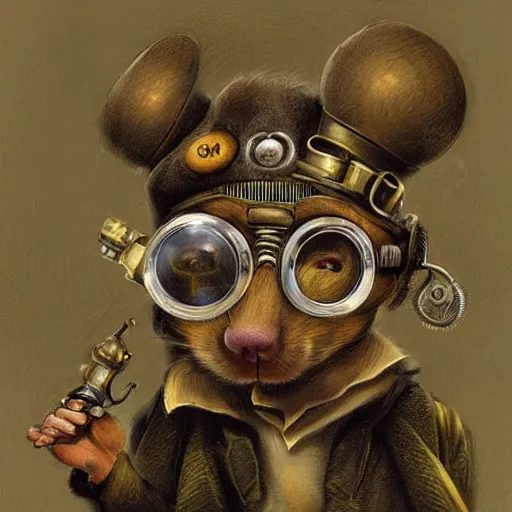 Image similar to a rat with steampunk googles, by John Martin