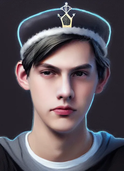 Image similar to portrait of teenage jughead jones wearing a light grey crown, photorealistic, crown made of fabric, grey crown with pin badges, crown with pins, black hair, intricate, elegant, highly detailed, digital painting, glowing lights, artstation, concept art, smooth, sharp focus, illustration, art by wlop, mars ravelo and greg rutkowski