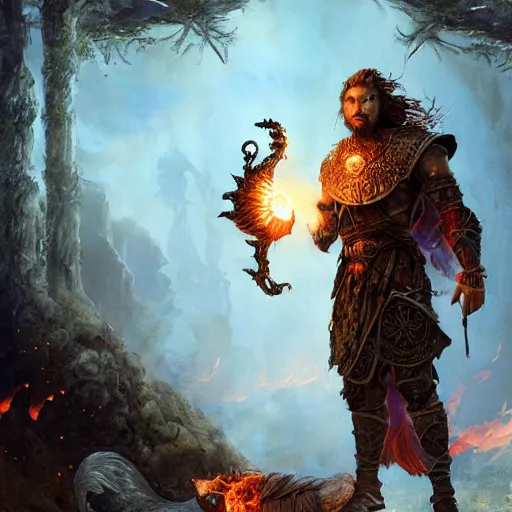 Prompt: HDR, realistic, high depth of field portrait of beautiful athletic male human latino short-haired sun cleric druid shaman with firefox pet, flame conjuring armored, highly detailed, moody face expression, intricate image by Andrei Riabovitchev, Shaun Tan and Peter Mohrbacher, matte painting