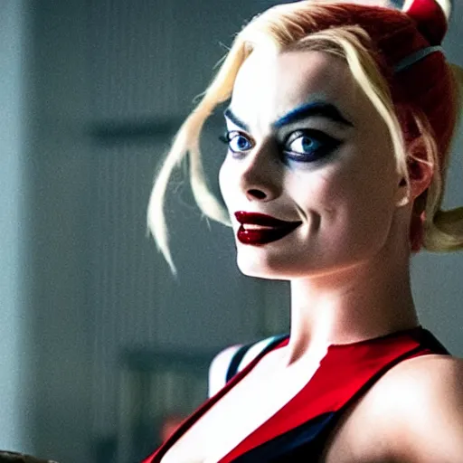 Prompt: Margot Robbie as Harley Quinn, Cinematography by Roger Deakins