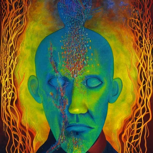 Image similar to a surreal painting of a golden faceless man during in a ayahuasca hallucination