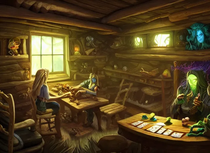 Image similar to interior of a dark cabin. a leshy forces you to play a tabletop card game. painting by dan volbert and mandy jurgens and deiv calviz and lim chuan shin