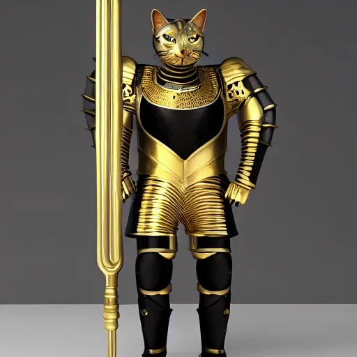 Image similar to portrait. black cat wearing a gold medieval knight armor. by hanns katz, shutterstock contest winner, afrofuturism, sci - fi fantasy, 3 d render