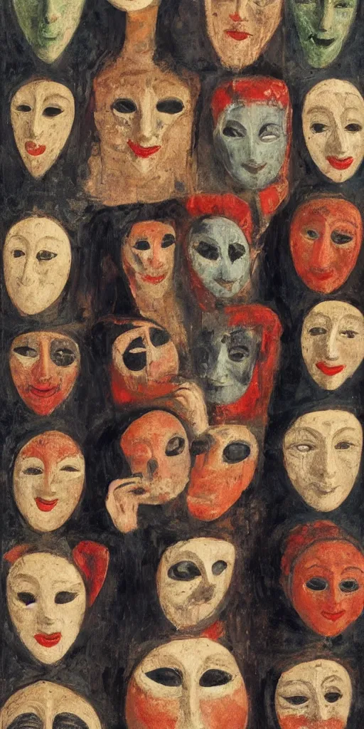 Image similar to the figure of a woman wearing many masks