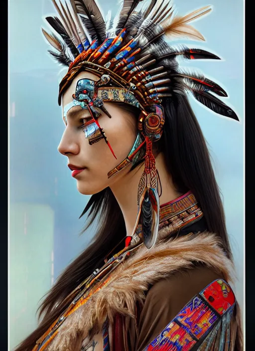 Prompt: seen through a window!! portrait of a cyberpunk machine, machine face, upper half portrait, decorated with feathers, native american, fine china, traditional chinese art, intricate, elegant, highly detailed, headpiece, digital painting, artstation, concept art, smooth, sharp focus, illustration, art by artgerm and greg rutkowski and alphonse mucha, 8 k