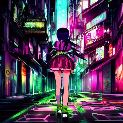 Prompt: clockpunk anime girl walk in cyberpunk neon street