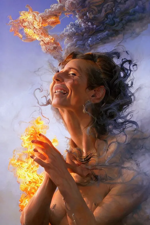 Image similar to a smiling claudia black melting into smoke highly detailed, james gurney, alan lee, michael cheval, peter mohrbacher, boris vallejo, jessica rossier, oil painting