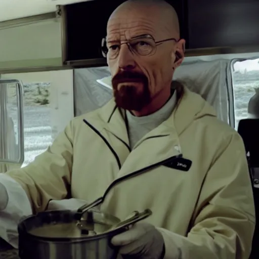 Image similar to film still of kim kardashian as walter white cooking meth inside an rv, in the tv show breaking bad, full-shot, 4k