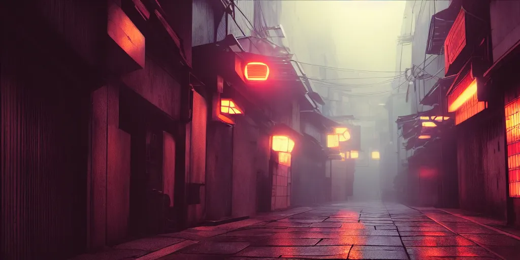 Image similar to a japanese alleyway in the style of blade runner 2049, volumetric lighting,