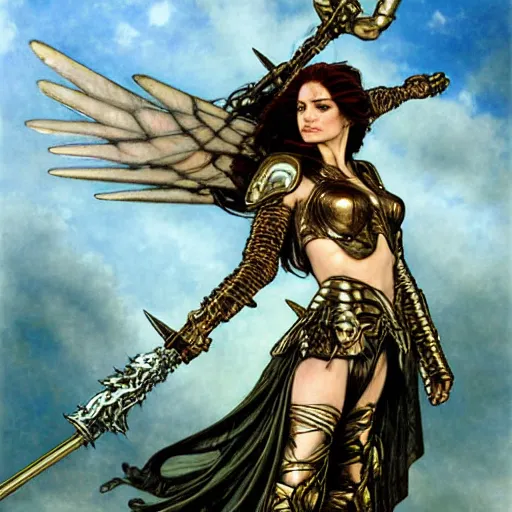 Image similar to half length portrait of a winged, armored female valkyrie with a flaming sword, d & d, fantasy, luis royo, magali villeneuve, donato giancola, wlop, krenz cushart, hans zatka, klimt, alphonse mucha