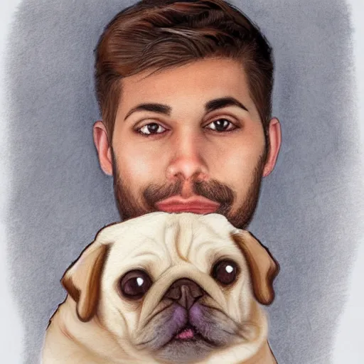 Image similar to self portrait, young white hispanic handsome man with short light brown hair and light skin and a 5 o clock shadow, holding a pug for a picture, pencil art, added detail, high definiton, colored, backfacing, illustrated