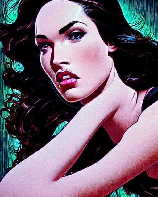 Prompt: low angle closeup very seductive megan fox retro scifi goddess pinup, vr goggles, action glamour pose, windblown dark hair, hyper detailed, digital art, studio lighting, smooth, ambient lighting, sharp focus, frank miller, wlop, anna dittmann, moebius!, alphonse mucha, patrick nagle!!!, rim lighting, synthwave