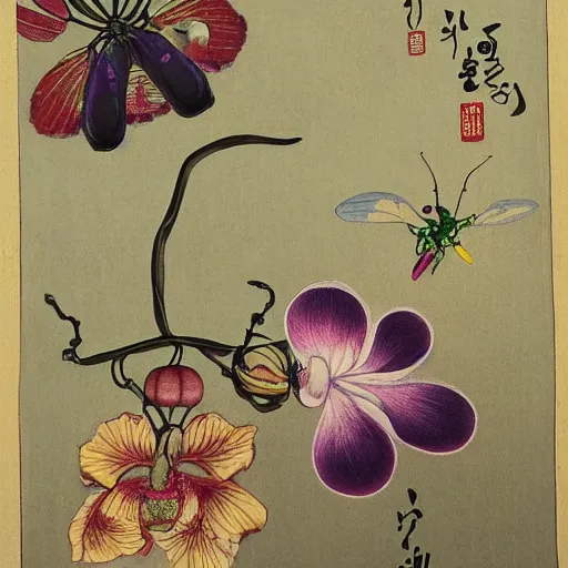 Prompt: delicate beauty ; insects, flowers, butterflies, orchids, grapes by shin saimdang