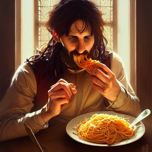 Image similar to Messi eating spaghetti, D&D, fantasy, intricate, elegant, highly detailed, digital painting, artstation, concept art, matte, sharp focus, illustration, art by Artgerm and Greg Rutkowski and Alphonse Mucha