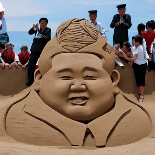 Prompt: a sand sculpture of kim jong un on the beach