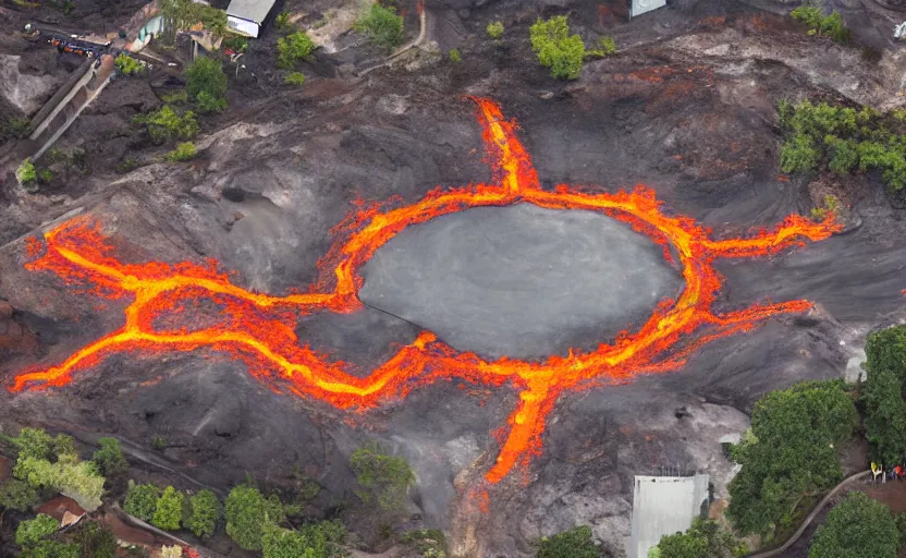 Image similar to a skatepark surrounded by molten lava, aerial photo