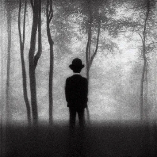 Prompt: looking from window house, forest, walking boy, artwork by Rene Magritte, night, pinhole analogue photo quality, monochrome, blur, unfocus, cinematic, 35mm