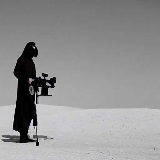 Prompt: a man wearing a long cloak and gasmask, in the desert, film still, arriflex 35