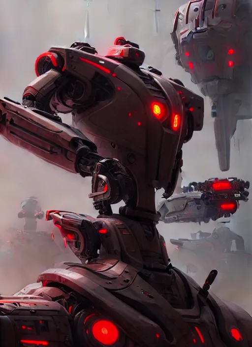 Image similar to a portrait of epic mechanical futuristic war army and robots with red and white accent highly detailed, digital painting, concept art, smooth, sharp focus, illustration, art by greg rutkowski