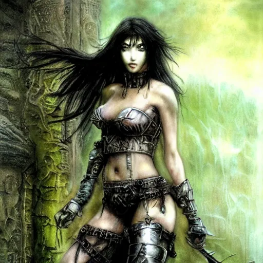 Prompt: female warrior, black hair, gorgeous green eyes, cinematic, by luis royo