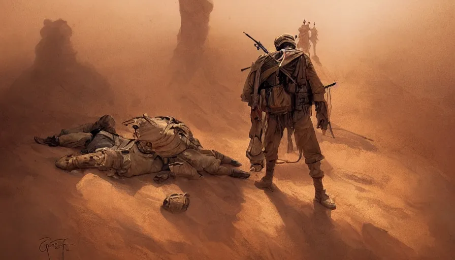 Image similar to beautiful digital painting of a soldier in a trench waiting for the war to end, in the sahara desert. cinematic lighting, atmospheric emotions by greg rutkowski,