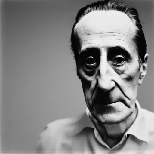 Prompt: close-up portrait of Marcel Duchamp in a empty white void, tri-x, Trent Parke, Richard Avedon, archival pigment print, occult dream, contemporary art