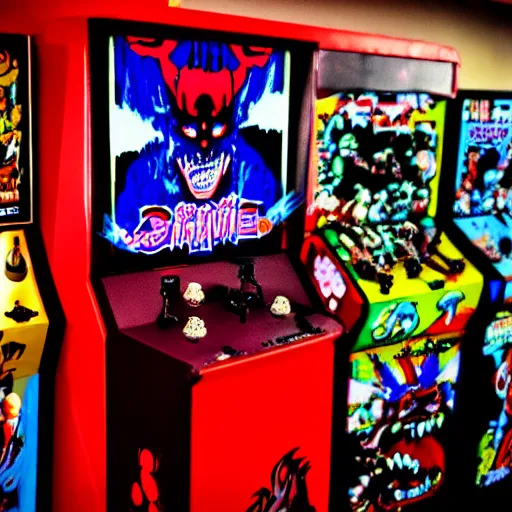 Prompt: grimey japanese retro arcade filled with satanic arcade cabinets, demonic, 9 0's gaming, satanic