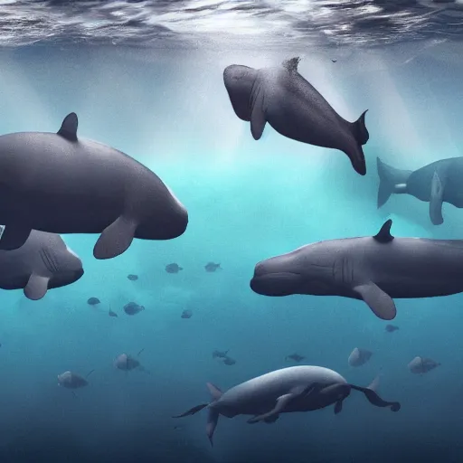 Prompt: ultra realistic underwater photography, panoramic picture of an ocean floor with large baluga whales. focus on the whales. the whales are anatomically correct and highly detailed. lots of bubbles. seaweed and some rocks. gloomy scattered light entering from the water surface, artstation, 8 k