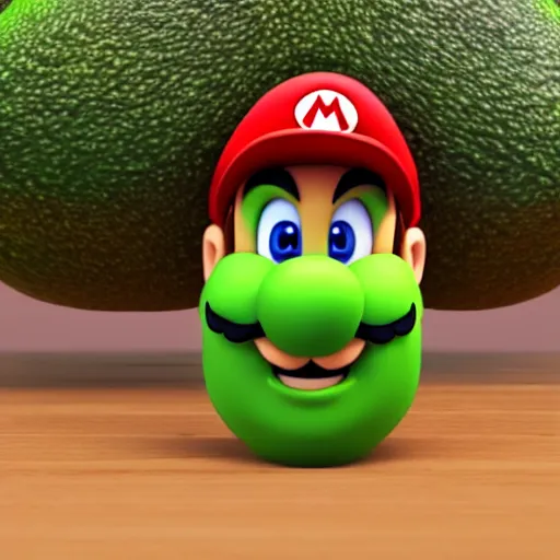 Image similar to super mario is an avocado!!!, 3 d render, unreal engine, octane render, ray tracing, unity, highly detailed, cinematic, high quality, hd, 4 k, 8 k, realistic, sharp, trending