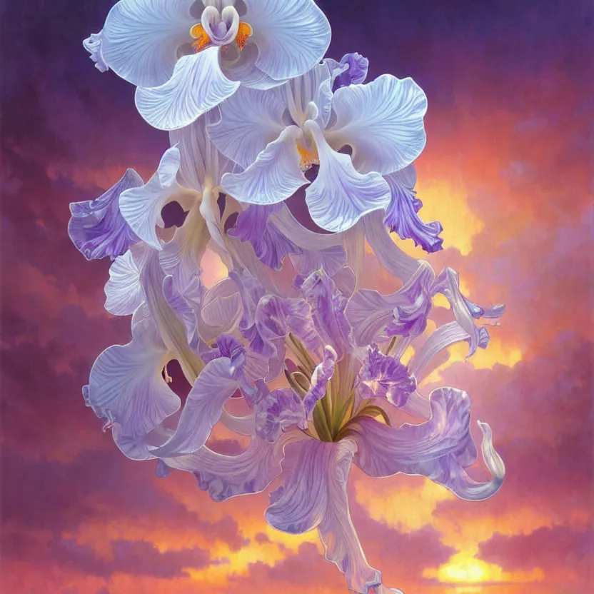 Image similar to detailed giant white holographic orchid iris hybrid flower surrounded by ocean waves, lsd water, lsd ripples, droplets, backlit, sunset, refracted lighting, art by collier, albert aublet, krenz cushart, artem demura, alphonse mucha