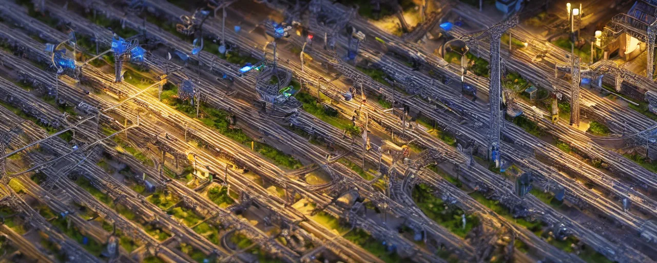 Image similar to mega detailed miniature voxel diorama of huge railway junction, futuristic architecture, tilt shift, industrial lights, by night clean and sterile atmosphere, several trains nearby, near future 2 0 3 0