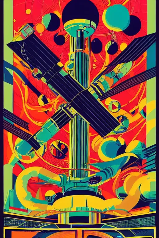 Prompt: a 6 0 s art deco poster with the interior of an international space station fuill of electronic equipment, poster art by milton glaser, kilian eng, moebius, behance contest winner, psychedelic art, concert poster, poster art, maximalist