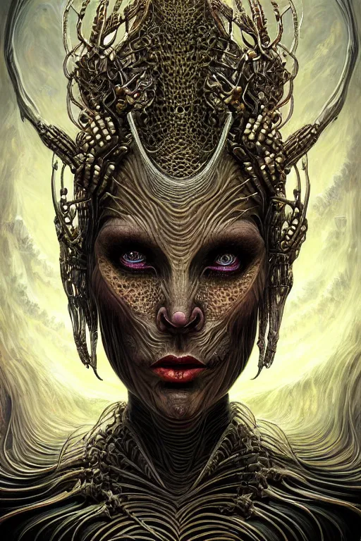 Image similar to single face portrait. complex hyper-maximalist overdetailed cinematic cosmic scifi portrait of an elegant very attractive but wild and dangerous humanoid reptilian goddess by andrei riabovitchev, tomasz alen kopera, oleksandra shchaslyva. Omnious intricate. Secessionist portrait illustration. Poison goddes. Slightly influenced by giger. Zerg human hybrid goddes. Unreal engine 5. Focus on face. Artstation. Deviantart. 8k 4k 64megapixel. Cosmic horror style. Rendered by binx.ly.