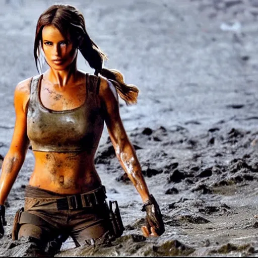 Image similar to film scene lara croft emerges from the river water, her face is covered with mud, part of the body is still in the river