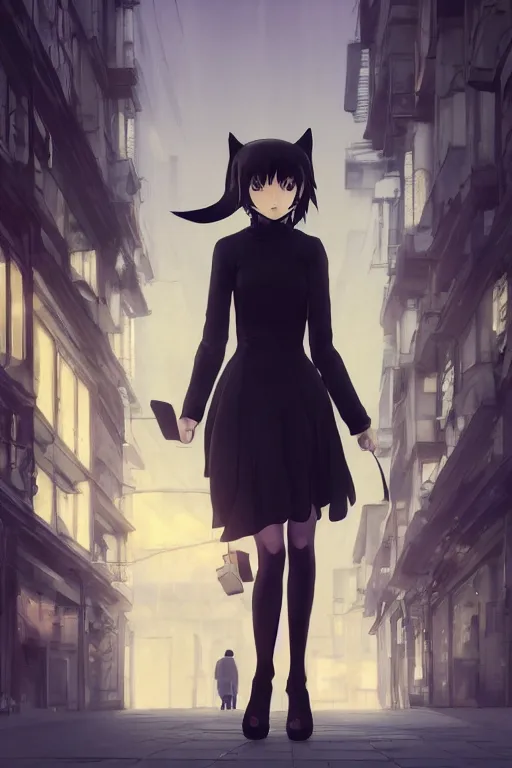 Image similar to a woman with cat ears in a black dress and thigh highs walking in a dark soviet city, digital illustration, beautiful face, volumetric, by makoto shinkai, by yoshitaka amano, by greg rutkowski, by dan mumford, highly detailed, composition, 4 k, forward facing pose, detailed street, photorealism, octane render