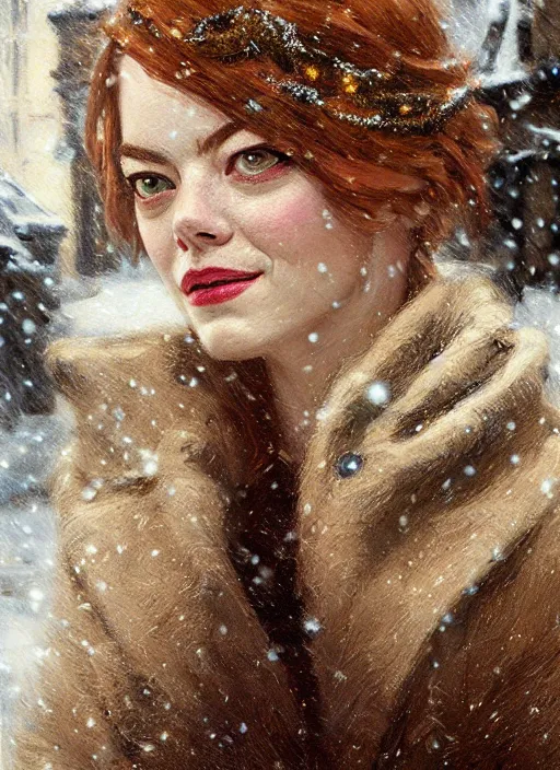 Image similar to emma stone beige coat walking into new york apartment building in winter, close up of wreath on door, snow, artwork by gaston bussiere, craig mullins, trending on artstation