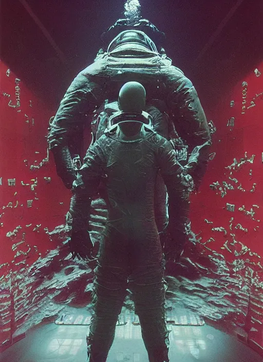 Image similar to astronauts in dark and empty void underwater - complex and hyperdetailed technical suit. reflection and dispersion materials. rays and dispersion of light. volumetric light. 5 0 mm, f / 3 2. noise film photo. flash photography. ultra realistic, wide angle. poster by wayne barlowe, hajime sorayama aaron horkey, craig mullins